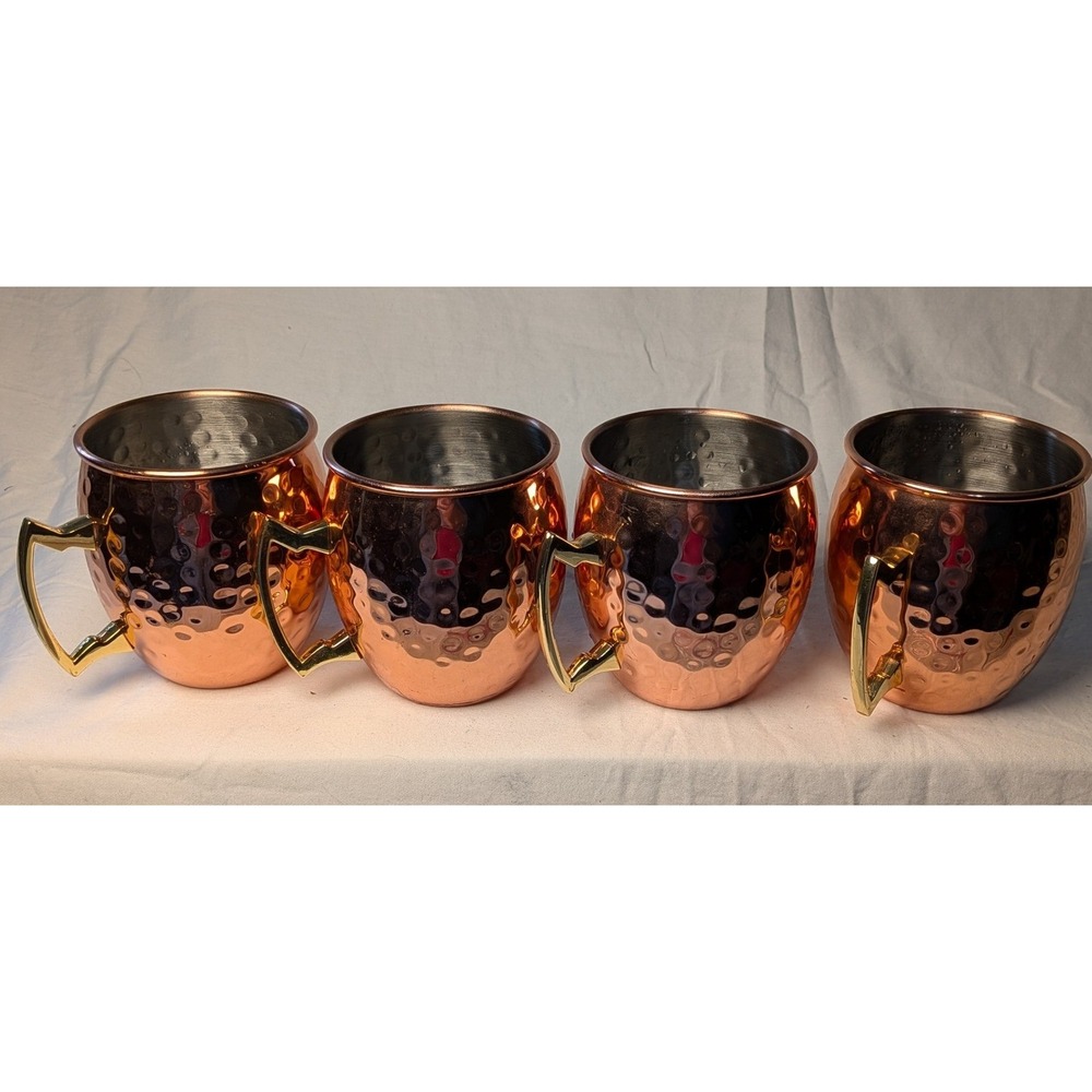 Eco-One Hammered Copper Moscow Mule Mugs Set of 4 Stainless Steel Gold Handle